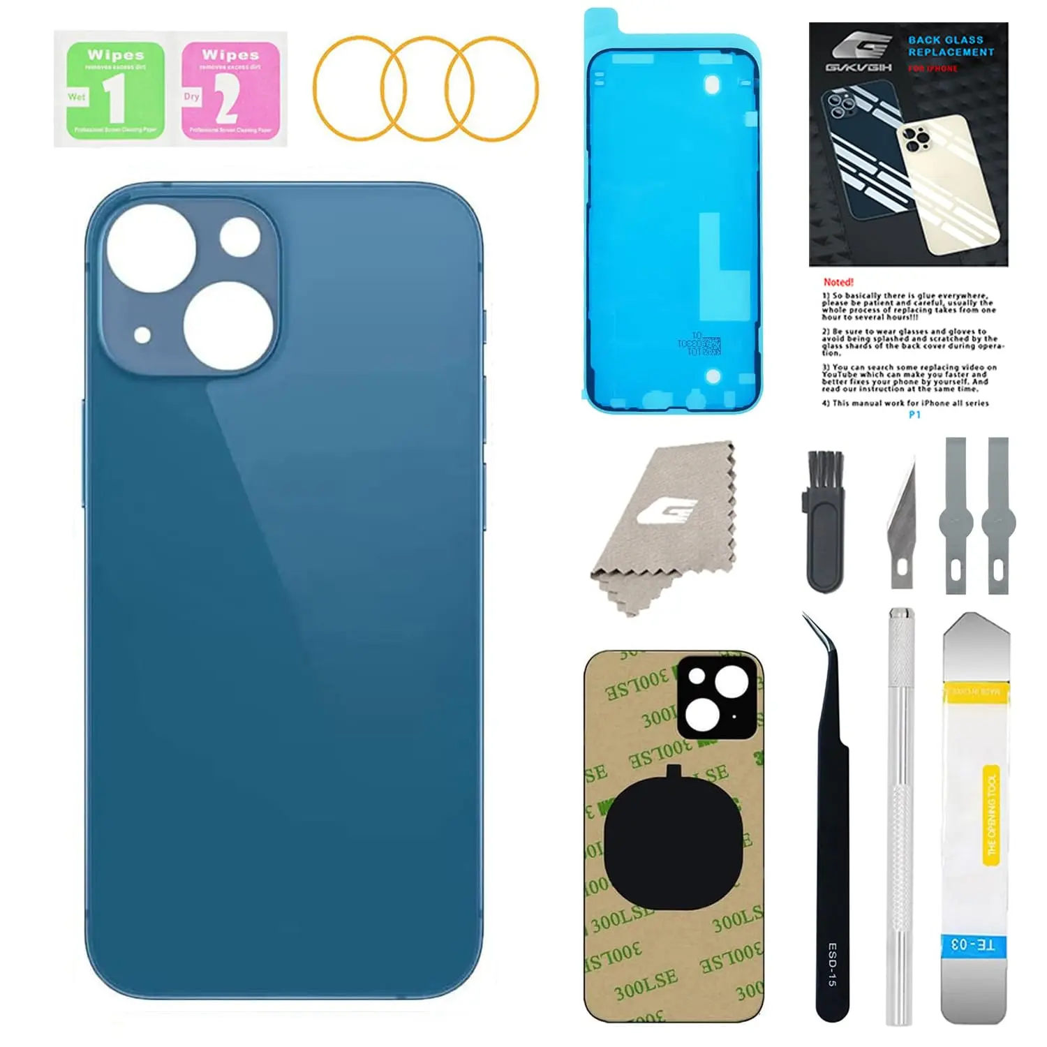 GUPFIX Back Glass Replacement for iPhone 13 with Repir Tools, Big Hole Rear Back Cover Glass Replacement All Carriers with Pre-Installed Adhesive and Repairing Tool Kits
