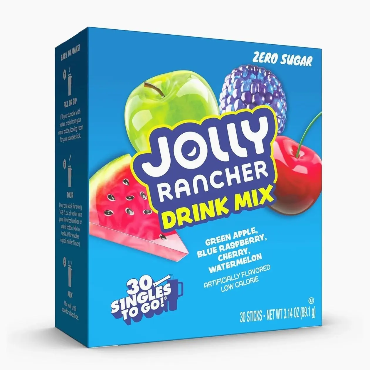 Jolly Rancher Singles To Go Variety Pack, Powdered Drink Mix, Zero Sugar, Low Calorie, Includes 4 Flavors: Green Apple, Blue Raspberry, Cherry, Watermelon, 1 Box (30 Single Servings)