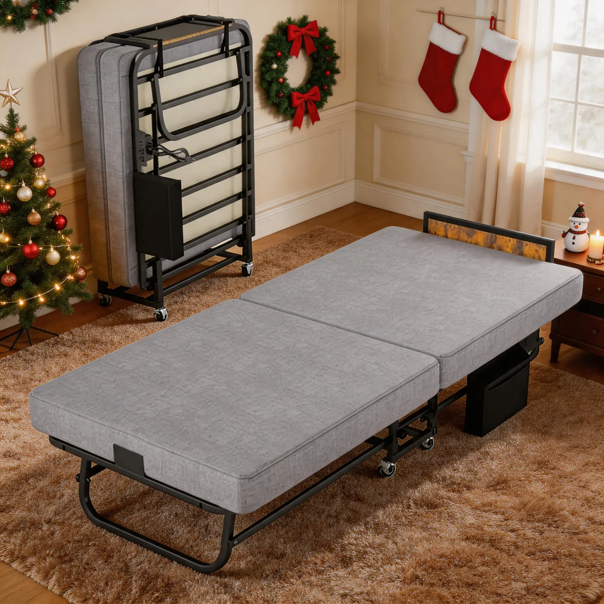 Foldable Rolling Guest Bed with Memory Foam Mattress, Lockable Swivel Casters, Noise-Free Square Steel Frame 450 LBS Capacity, Washable Breathable Cover Compact Folding Bed for Small Spaces