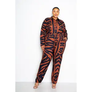 Women's Jumpsuit, Elegant Color Block Long Sleeve Button-Up Style, Stretchy Polyester Fabric for Plus Size Formal Casual Wear