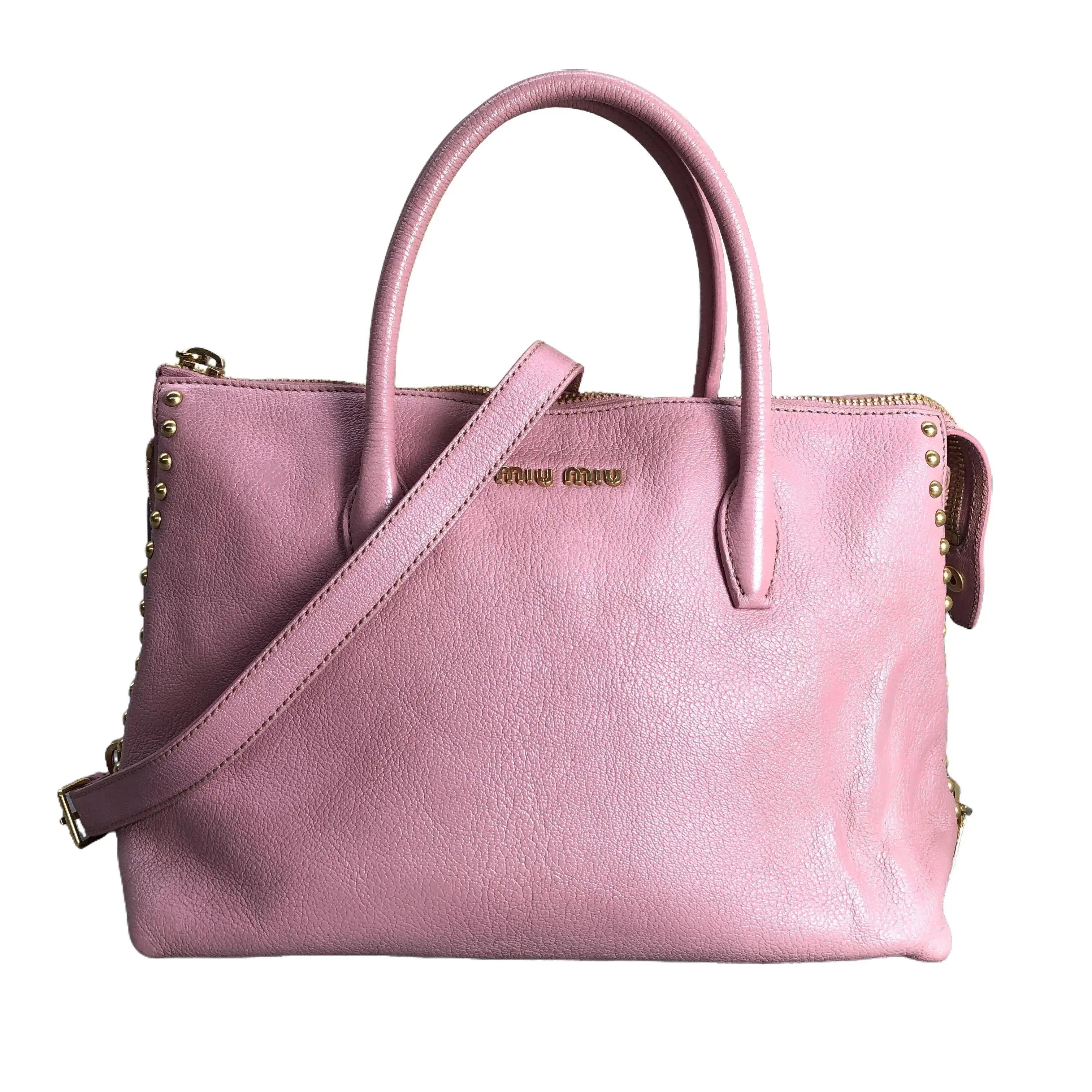 Pre-owned miu miu leather Tote Bags dusty pink studded boston commute crossbody hander a1113 yao