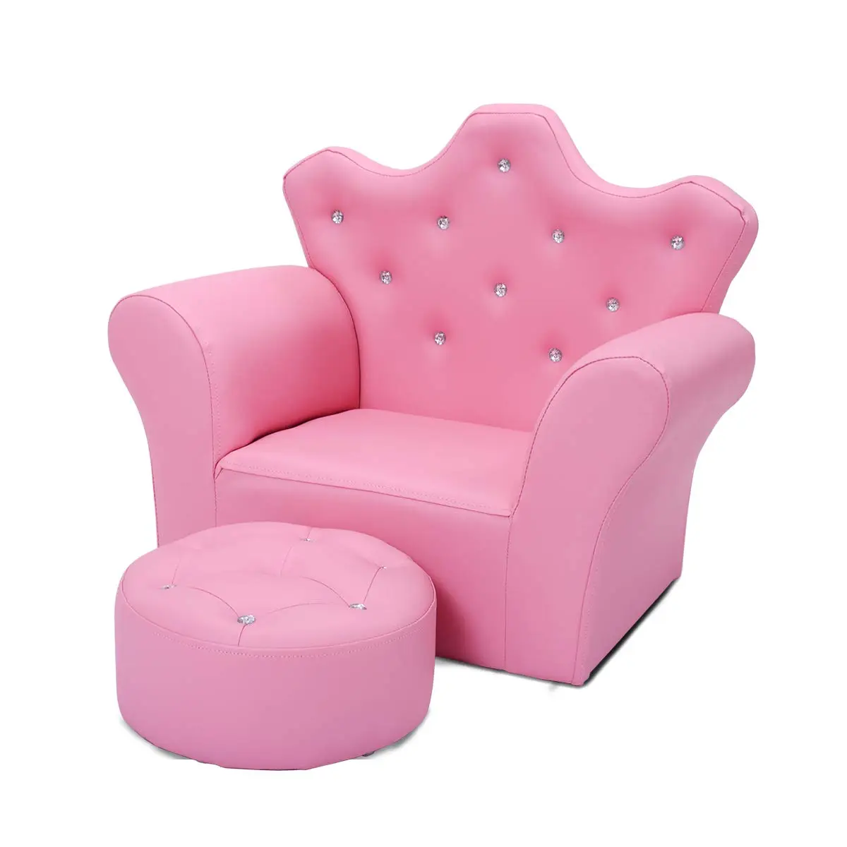 Costzon Kids Sofa, Children Princess Upholstered Couch Armrest Chair with Ottoman, PVC Leather & Embedded Crystal, Christmas Birthday Gifts
