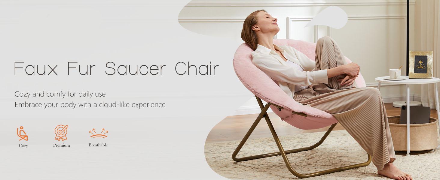 Grey Faux Fur Saucer Chair – Oversized XL Circle Chair for Bedroom, Dorm & Gaming – Foldable Moon/Mushroom Round Seat – Comfy Accent Chair for Adults, Teens & Kids