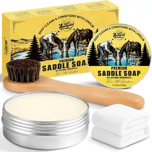 Saddle Soap for Leather 3.52oz, 3-in-1 Leather Cleaner & Conditioner to Soften Protect Leather with Horsehair Brush & Cloth for Car Interior Couch Shoe Purse Boot Bag & Saddle