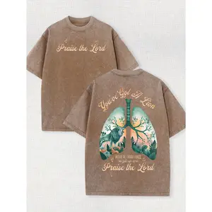 Men's Vintage Washed T-Shirt - Praise The Lord Religious Graphic Tee, Short Sleeve Round Neck Casual Shirt with Double-Sided Wax Print,  Suitable for Summer Wear & Everyday Apparel