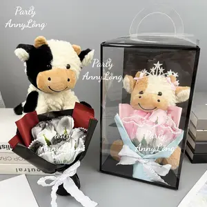 Cute Cow Plush Toy with Charming Realistic Flowers, Adorable Farm Animal Soft Stuffed Doll for Home Decoration and Gifts, Polyester Material, Cute Cow Design, Soft Cuddly Gift