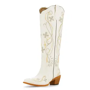 LUNETTA Prairie White Cowboy Boots for Women Knee High Wide Calf Cowgirl Boots with Classic Embroidered Pointed Toe Chunky Heel Western Boot Pull On Retro Vintage Tall Boot Walking Shoes Decor Design Footwear