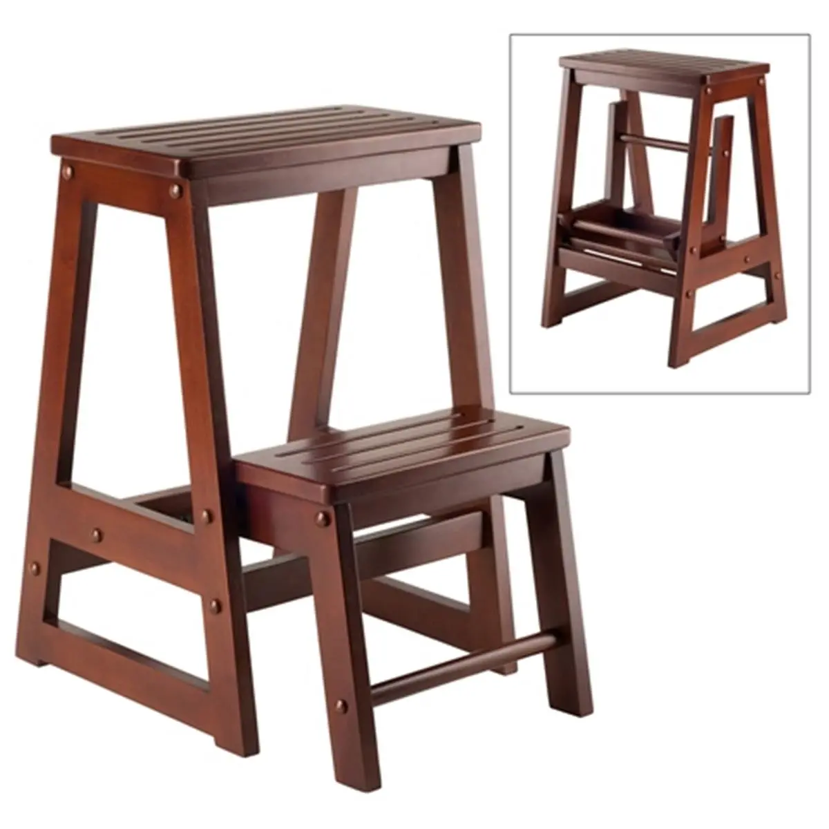 212 MAIN Portable Collapsible Foldable Stool - Walnut Finish Solid Wood Double Steps, Composite Wood Construction, Requires Some Assembly, Portable Collapsible Stool