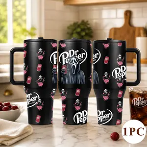 1 Pc 40oz insulated mug, large capacity vacuum cup, Flasks, double wall, leak proof, with handle and lid, skinny design, for hot cold drinks, keep hot 12h cold 24h, horror scream cartoon soda print, spooky gift for women men, travel daily use tumbler
