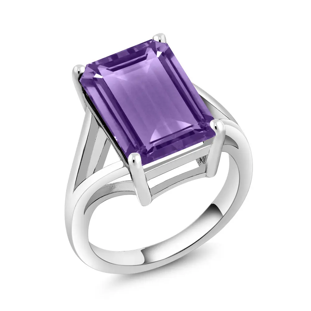 Gem Stone King 5-10 Cttw Emerald Cut Birthstone Solitaire Openwork Band for Women, 925 Sterling Silver 14x10MM Beautiful Bridal Statement Ring, Female Birthday Jewelry (Sizes 5-9)