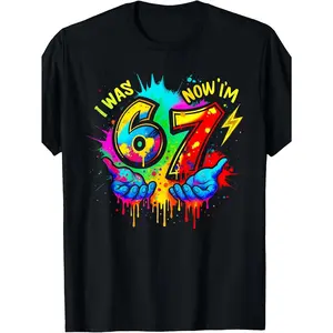 I was 6 Now I'm 7 Six Seven Meme Colorful Paint T-Shirt |   Boys' and Girls' Relaxed Tunic with Geometric Pattern, Casual Style, Crew Neck, Short Sleeves, Sizes 120-160