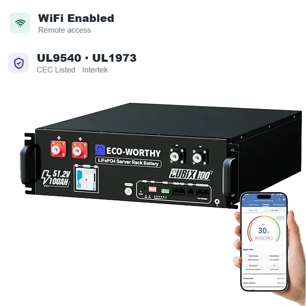 ECO-WORTHY Cubix100 48V 100Ah LiFePO4 Server Rack Battery, 5120Wh Solar Energy Storage, UL1973 & UL9540 & CEC Listed, Bluetooth WiFi App & CAN/RS485 for Home Backup, Off-Grid Cabin
