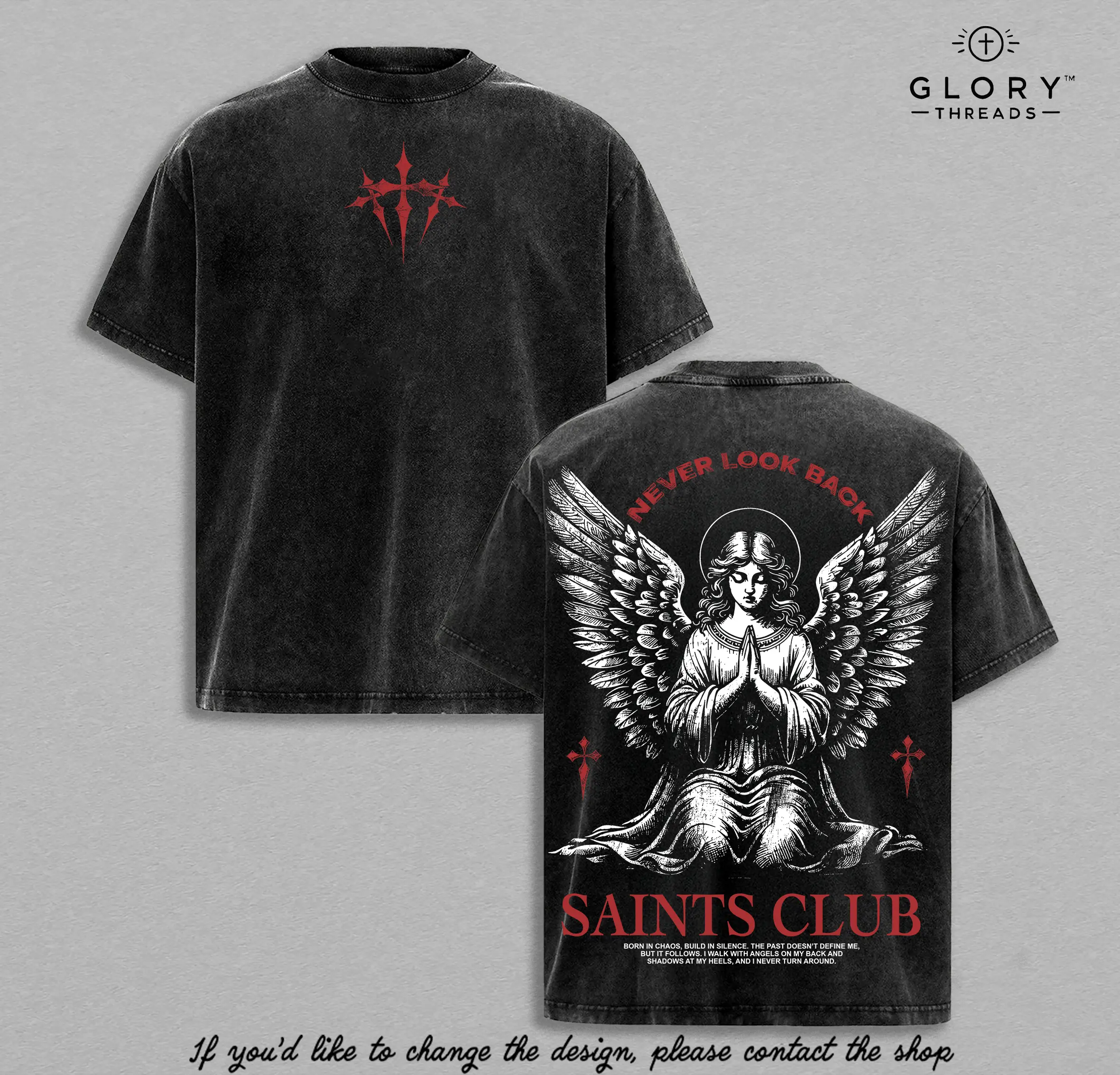 Never Look Back Christian Vintage Washed T-Shirt, Saints Club Praying Angel Faith Graphic Tee, Oversized Heavyweight Cotton Religious Streetwear