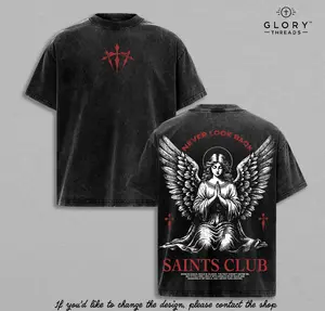 Saints Club Angel Tee | Never Look Back Vintage Washed T-Shirt /Sweatshirt / Hoodie | Faith and Redemption Streetwear | Praying Angel Graphic Christian Tee | Jesus Apparel Christian Bible Verse