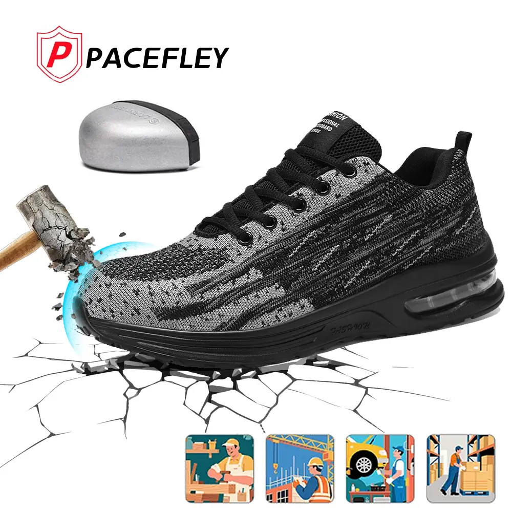 Men's & Women's Steel Toe Work Shoes - Lightweight Mesh Anti-Slip Sneakers, Puncture-Proof Minimalist Walking Shoes with Air Cushion, All-Seasons Outdoors Footwear