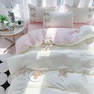 3pcs Girl Bow Embroidered Bedding Set, Includes 1 Duvet Cover + 2 Pillowcases（without comforter and pillow insert）, Single Twin Double Queen Size bed, Soft Bedding Sets