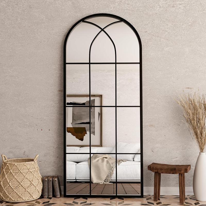 Mirror Full Length, 71"x32" Large Arched Mirror, Black Full  Window Pane Mirrors, Oversize Farmhouse Standing Wall Mirrors Hanging or Leaning for Living Room, Entryway, No Stand