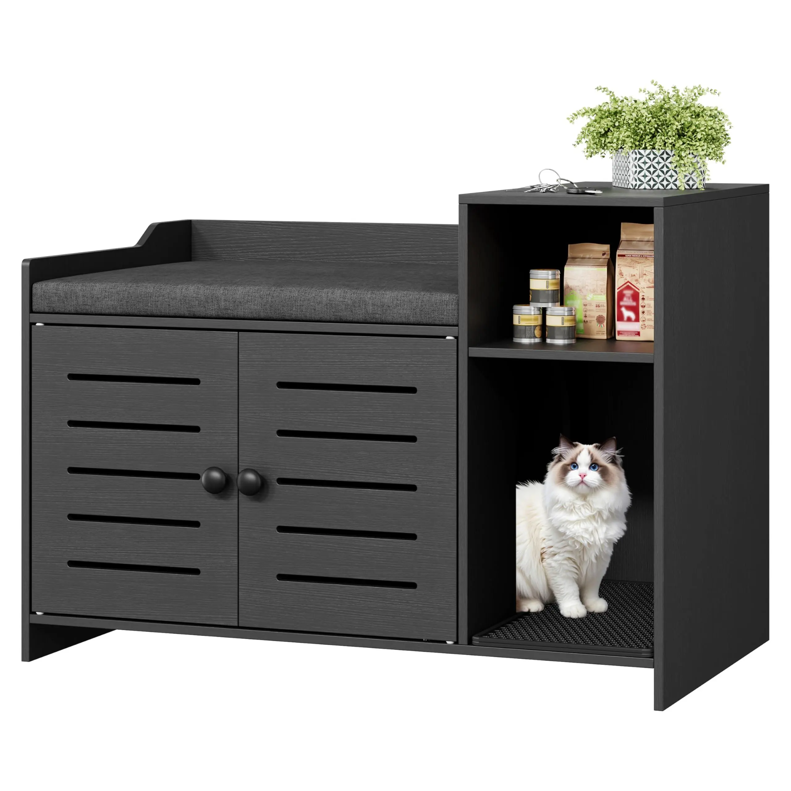 Cat Litter Box Enclosure, Farmhouse Hidden Cat Litter Box Furniture Cabinet with Mark Pad and Storage Shelf, Wooden Enclosed Litter Box, Modern Cabinet for Litter Box for Hallway, Bedroom