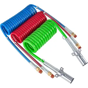 15 Ft Coiled Air  Hoses & ABS Electrical Power Wire Assembly Kit 3 in 1 Semi  Air Lines Kit Coiled 7 Way Trailer Cord and Air  Hoses for Semi