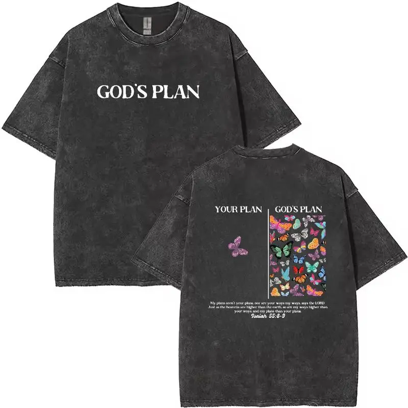 Women's Fitted Christian Graphic Tee - God's Plan Butterfly Print, Unisex Tee, Vintage Washed Cotton, Shared Style, Short-Sleeve Round Neck Summer Casual Top for Believers