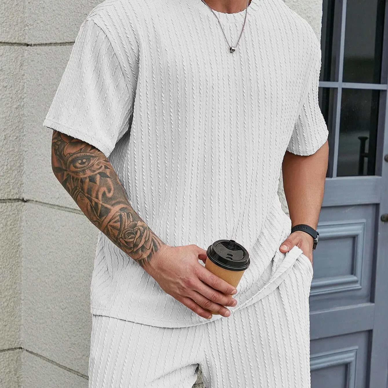 KZZ Men's 2-Piece Shorts Set, Casual Solid Textured Coordinated Outfit, Relaxed Fit Drop Shoulder Tee & Drawstring Shorts, Shorts Sets