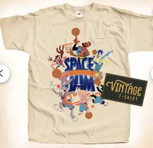 "Space Jam V1 T-Shirt: Natural Vintage Cotton Tee Featuring Movie Poster, Available in All Sizes S to 5X"