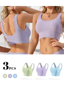 Hotcom Women's Solid Wireless U Neck Sports Bra 1/3PCS Pack Breathable Comfortable for Indoor Outdoor Wear Ideal for Workouts in Pastel Colors Adjustable Four-Breasted