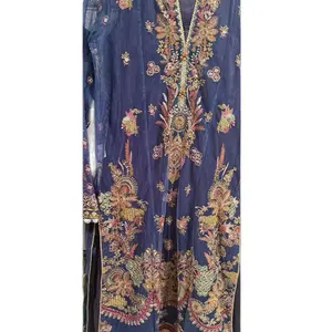 3 pcs Net Suit Embroidered with Organza Dupatta - Navy Blue Color with Intricate Designs