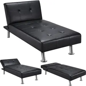 Faux Leather Sofa Bed Sleeper Convertible Futon Sofa Modern Recliner Couch Daybed with Chrome Metal Legs for Living Room BlackSimple small apartment rental sofa foldable sofa bed haircut simple dual-purpose hair salon black  sofa