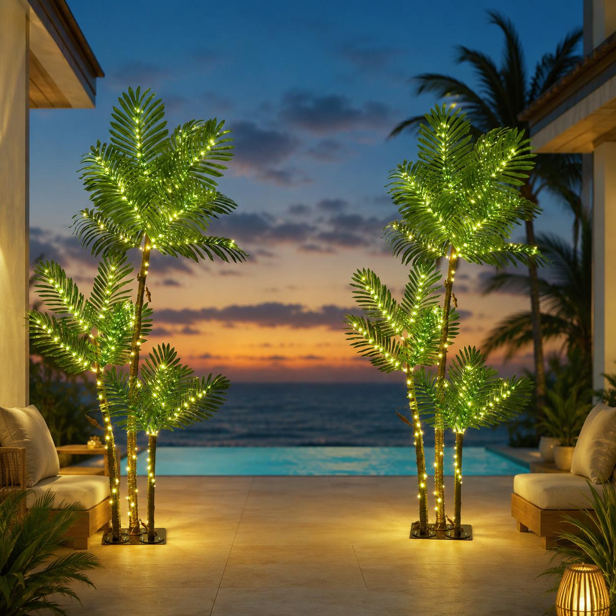 5-foot or 6-foot plastic LED faux palm tree — plug-in colorful outdoor landscape ambient light, tree-shaped Hawaiian-themed decor, suitable for outdoor patios, holiday parties, outdoor landscape lighting, and ambient lighting