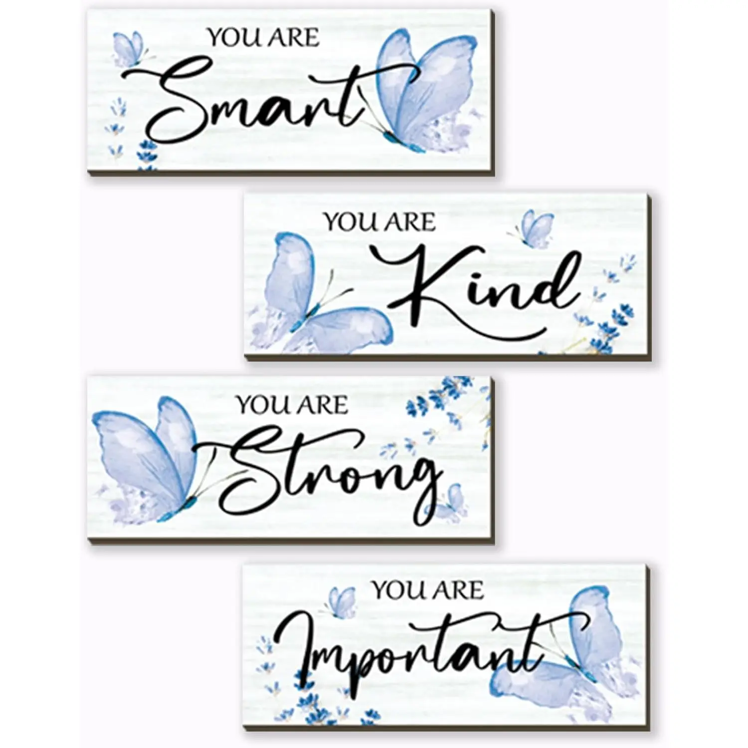 4 Pcs Butterfly Wall Decor Blue Room Decor Wooden Positive Decor with Butterfly Inspirational Word Sign for Teen Girls Women Room Bathroom Bedroom Office Decor(Blue,10x4 Inch)