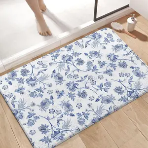 Blue Floral Bath Mat, Farmhouse Floral Non-Slip Bath Rug, Imitation Cashmere Soft and Absorbent Rug, Suitable for Tubs, Showers, and Sinks, 17 x 27 Inch