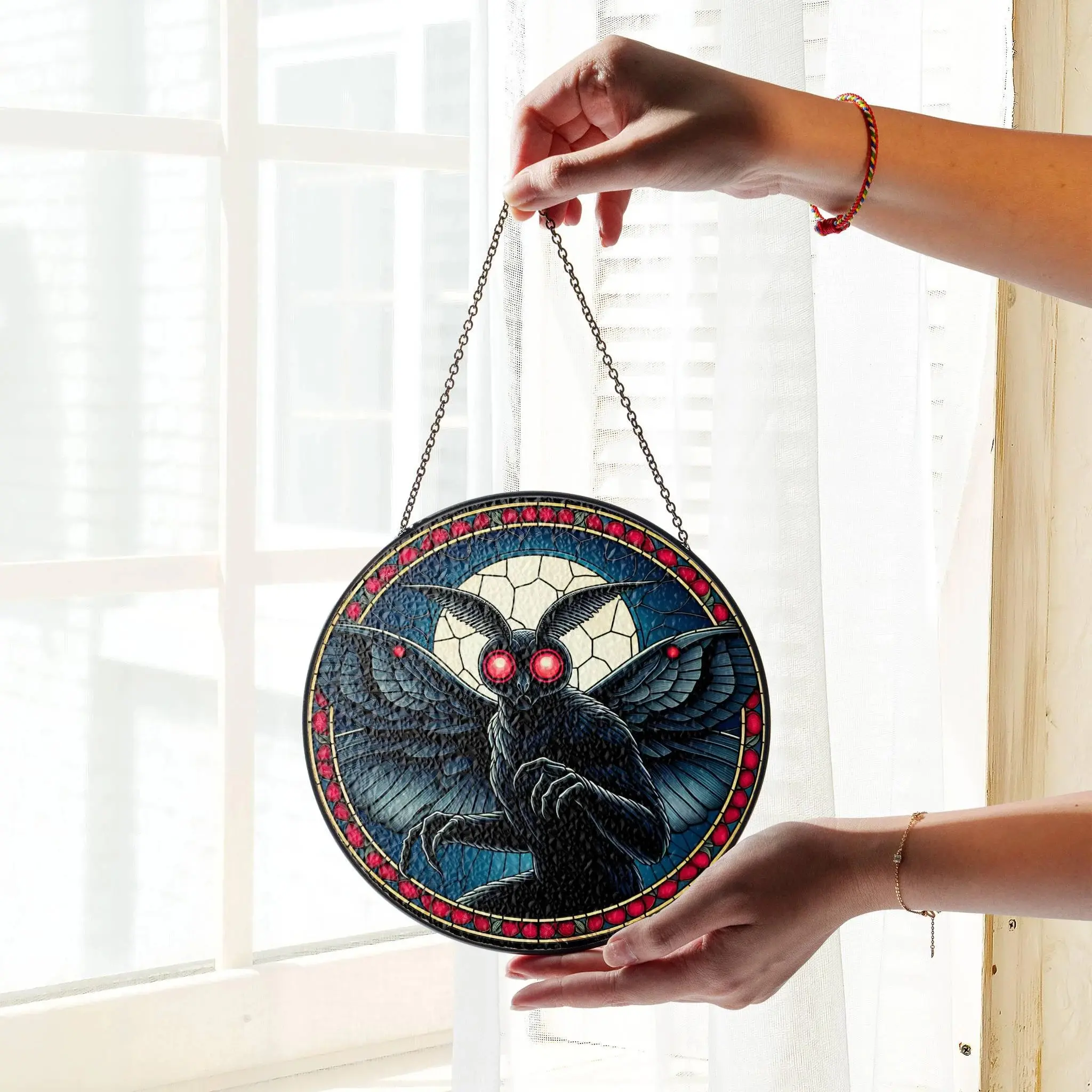 Mothman Stained Glass Suncatcher, Stained Glass Moth Hanging Ornament, Gothic Nature-Inspired Decor,  Halloween Gift, Memorial Gifts