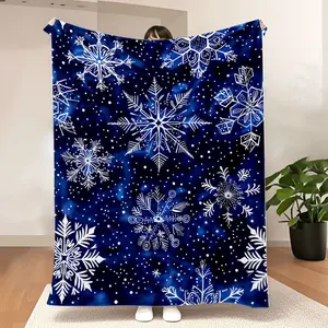 Winter Snowflake Blanket - Dark Blue Background with Intricate White Snowflakes & Whimsical Dots, Soft Cosy Printed Throw for Magical Winter Ambiance, Ideal Gift for Home Decoration & Gifting