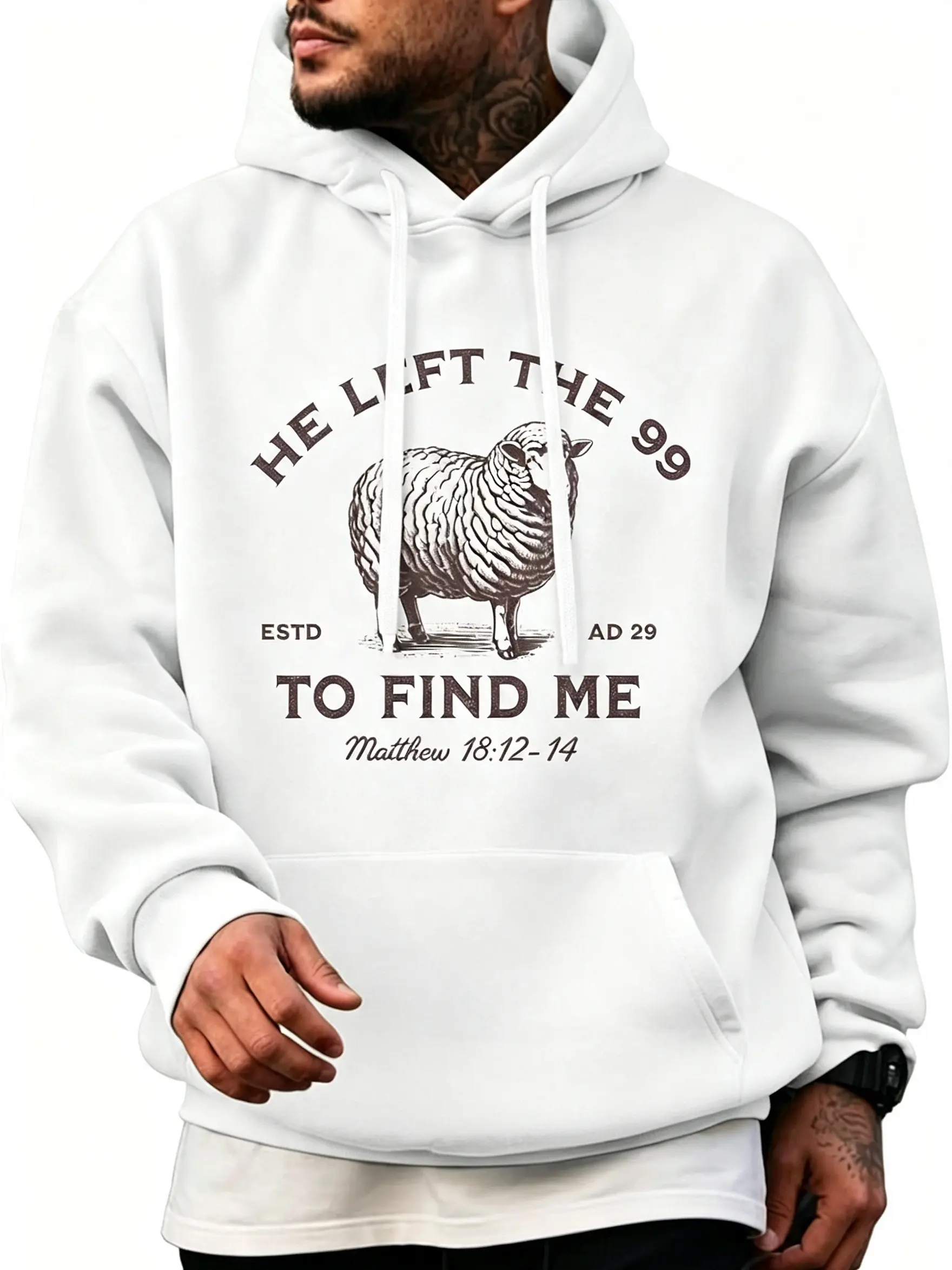 Christian hoodie “He left the 99 to find me” vintage sheep print hooded sweatshirt, oversized fit, unisex, American retro casual jumper