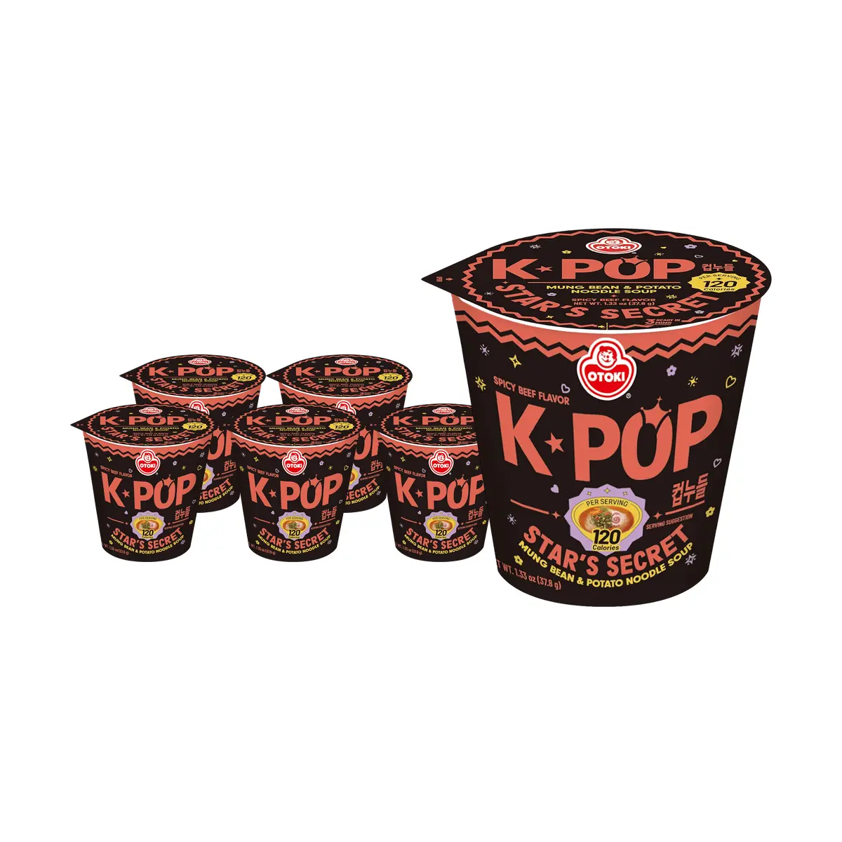 Ottogi Korean Spicy Beef Glass Noodle Soup Low Calorie 37.8g x 6 Pack - Non-Fried Mung Bean Potato Noodles, 120 Kcal per Serving, K-Pop Star Secret Meal