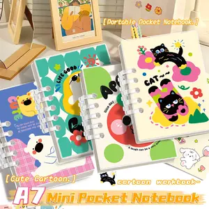 A7 Mini Refillable Pocket Notebook | Cute Cat Dog Cartoon Kawaii Journal with Waterproof Soft Cover | Portable Animal Ring Binder Memo Pad for Study, Office, School & Travel | Small Cute Stationery Gift for Students, Girls, and Note Lovers