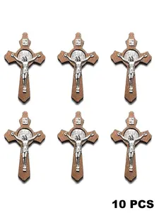 Handmade Wooden Christian Jesus Cross Pendants, Crucifix Pendant, Religious Jewelry Making Supplies, DIY Beaded Necklace Charms, 10 Pieces, Christian Cross Design