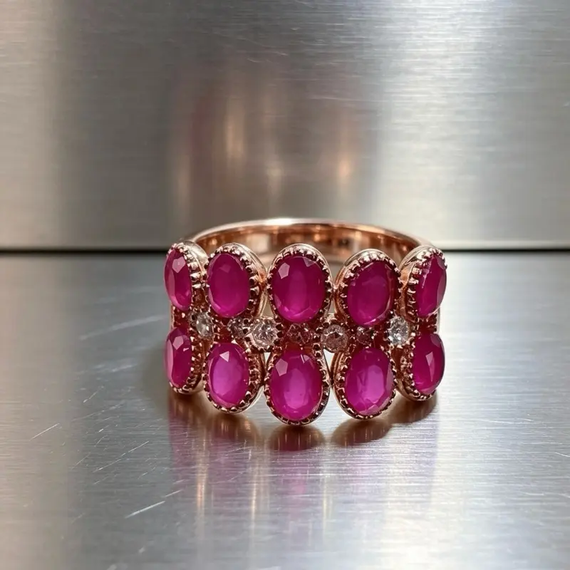<PingEast Jewerly>hot pink Ruby band rings--925 Silver Rose Gold Natural Mogok Pink Ruby Band Ring