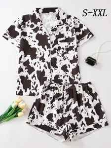 Women's Cow Print Notched Neck Crop Shirt & Shorts Pajama Two-piece Set, Elegant Comfy Short Sleeve Top & Shorts PJ Set, Ladies Sleepwear Pajamas Lounge Set for All Seasons