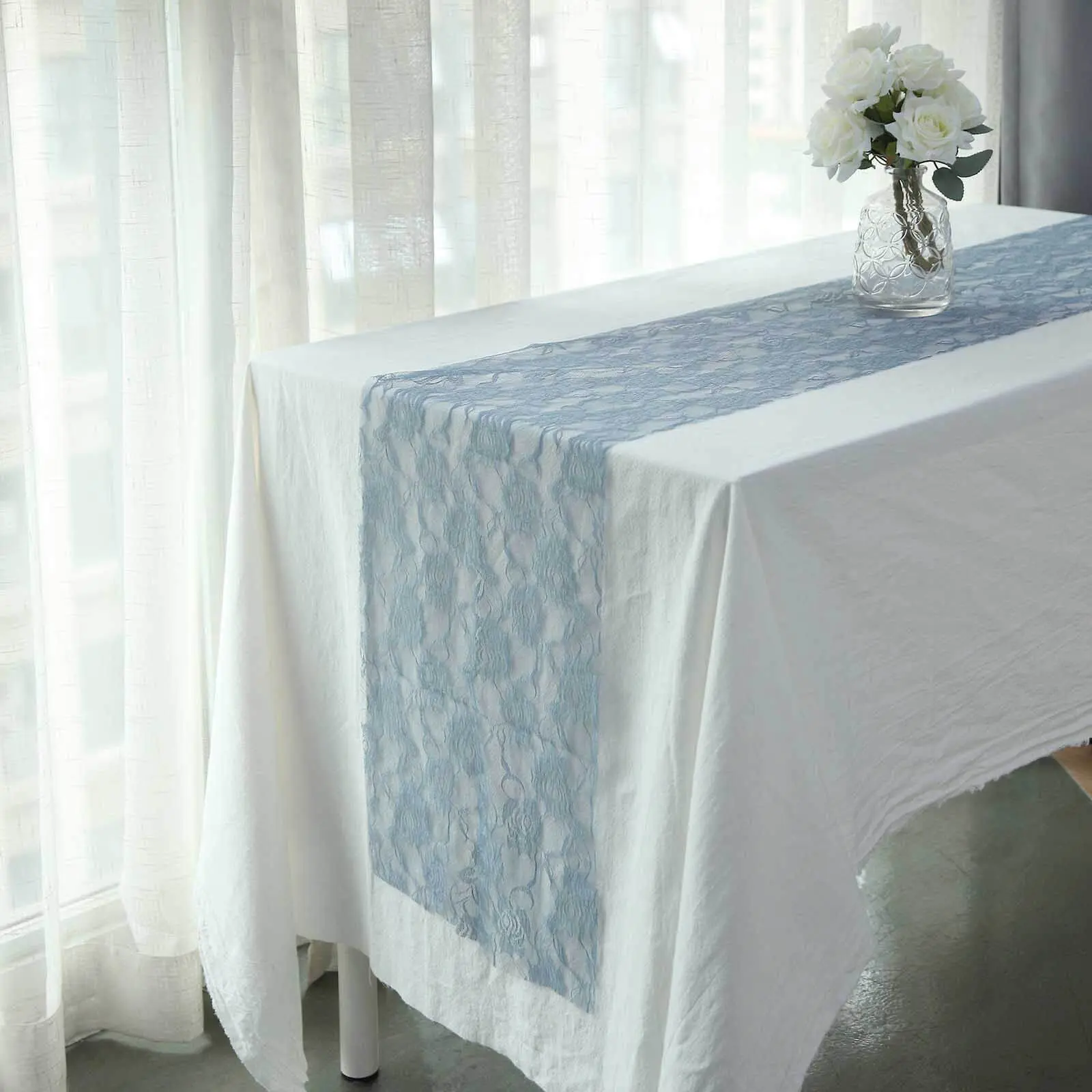 Dusty Blue 12"x108" Lace Fabric Table Runner with Rose Flowers Pattern - 1-Piece, Machine Washable, Prompt Removal, Vintage Wedding Events Household Textile Decor, One-Piece
