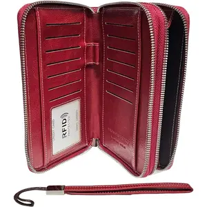 PU Vegan Leather RFID Long Wallet for Women, Zip Around Closure & Wristlet Hand Strap, Large Capacity Card Slots Coin Pocket & Pen Holder (Wine Red)