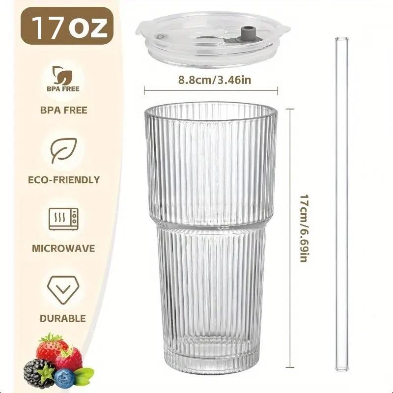 Ribbed Glass Coffee Cups with Lids & Straws, Set of 4 Premium Thick Glass Cups for Iced Coffee, Smoothies, Juice & Cocktails, Leak Proof Glass Tumblers