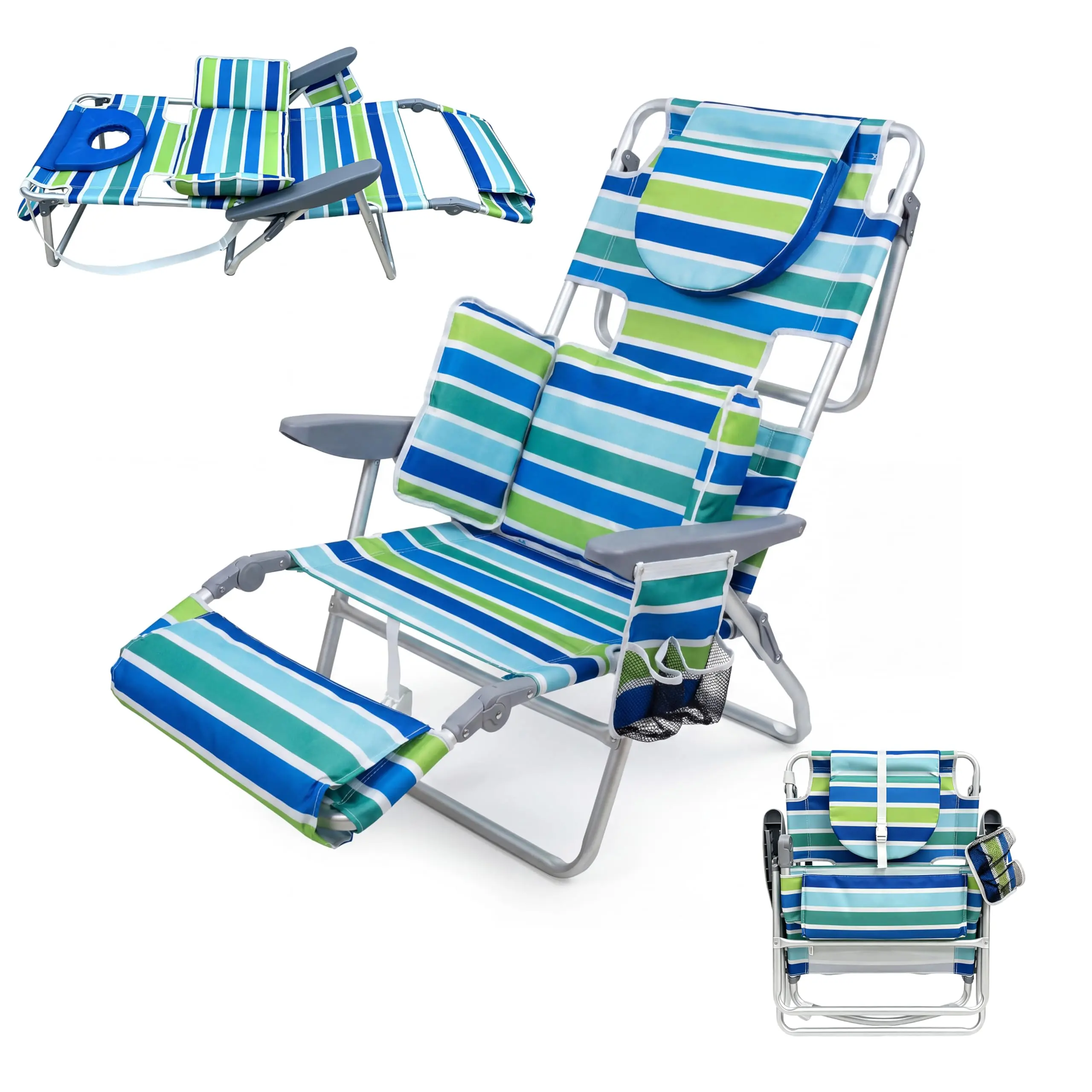 2 Pack Deluxe 3-in-1 Beach Chair with Face Hole,Folding Tanning Lounger, Outdoor Sunbathing Chair with Adjustable Footrest, Storage Pocket, 330lb Capacity for Beach, Pool, Patio, Lawn