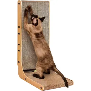 Cardboard Cat Scratcher for Indoor Cats, 26.8 Inch L Shaped Vertical Cat Scratching Board with Ball Cat Toy, Large Cat Scratcher Pad, Brown