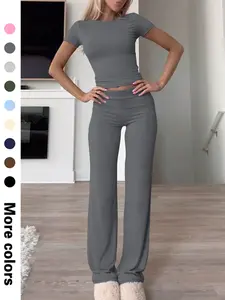 2 Pieces Women Sets Women’s Crop Top with Short Sleeves and High Waist Pants Set, Slim-Fitting Casual Two-Piece for Stylish Summer Looks