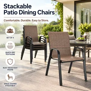 Elon Outdoor Dining Chairs Set of 4 Stackable Patio Chairs with Breathable Textilene Fabric and Powder Coated Metal Frame All Weather Armchair for Backyard Balcony Poolside Space Saving Modern Exterior Furniture Home Decor