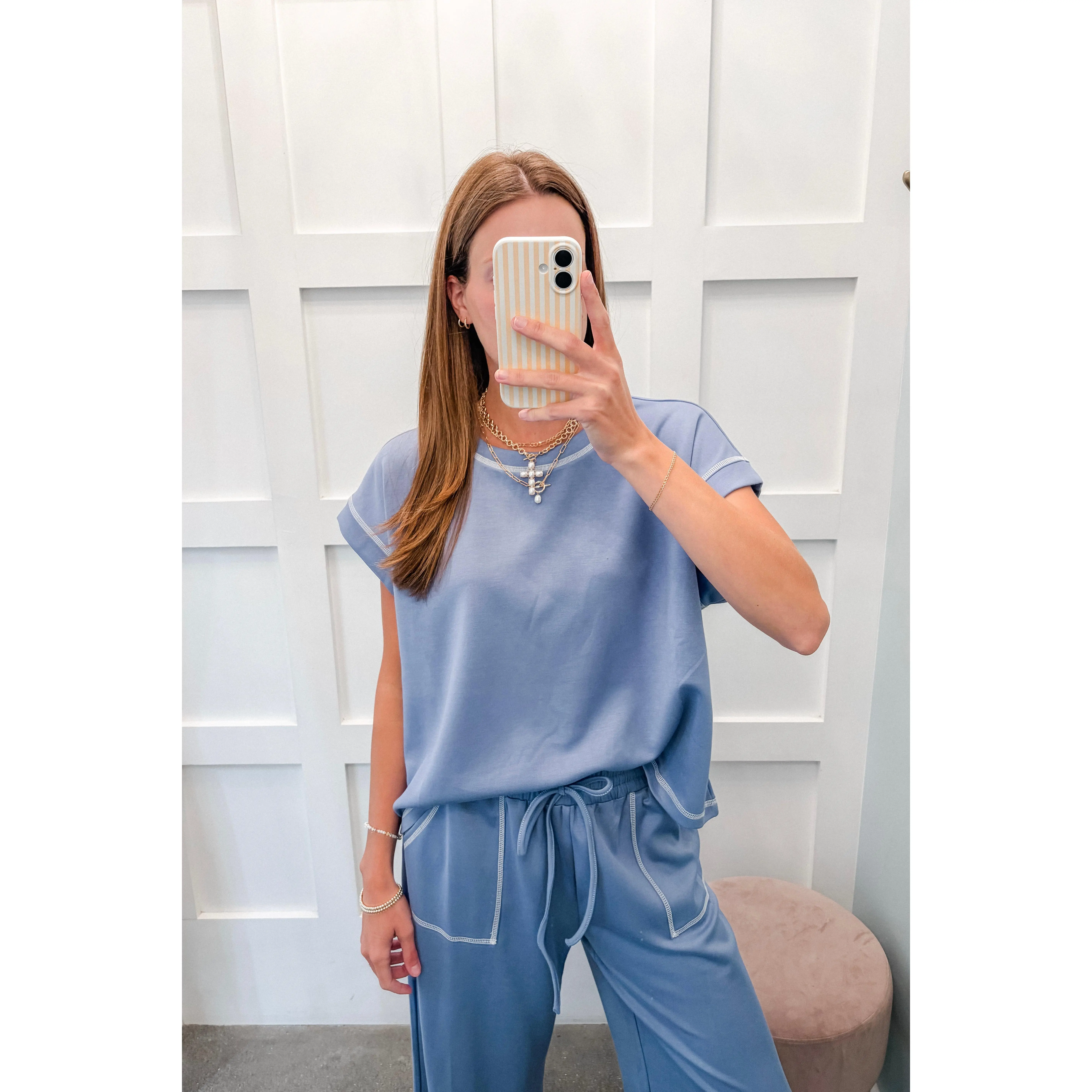 Sunday Scuba Contrast Stitch Lounge Top - Blue