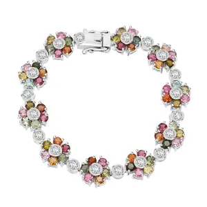 Premium MultiTourmaline and Moissanite 14.70 ctw Floral Bracelet in Rhodium Over Sterling Silver 7.25 In Christmas Gifts