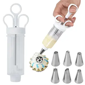 1Set Stainless Steel Cake Decorating Gun Kit with 6 Icing Nozzles, Cupcake Injector Piping Set for Cake & Deviled Egg Decoration, Pastry Icing Tools
